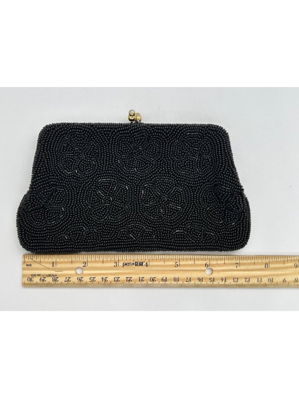 MCM Art Deco Glam Black Beaded Floral Clutch Evening Cocktail Purse Kiss Lock - Picture 4 of 8